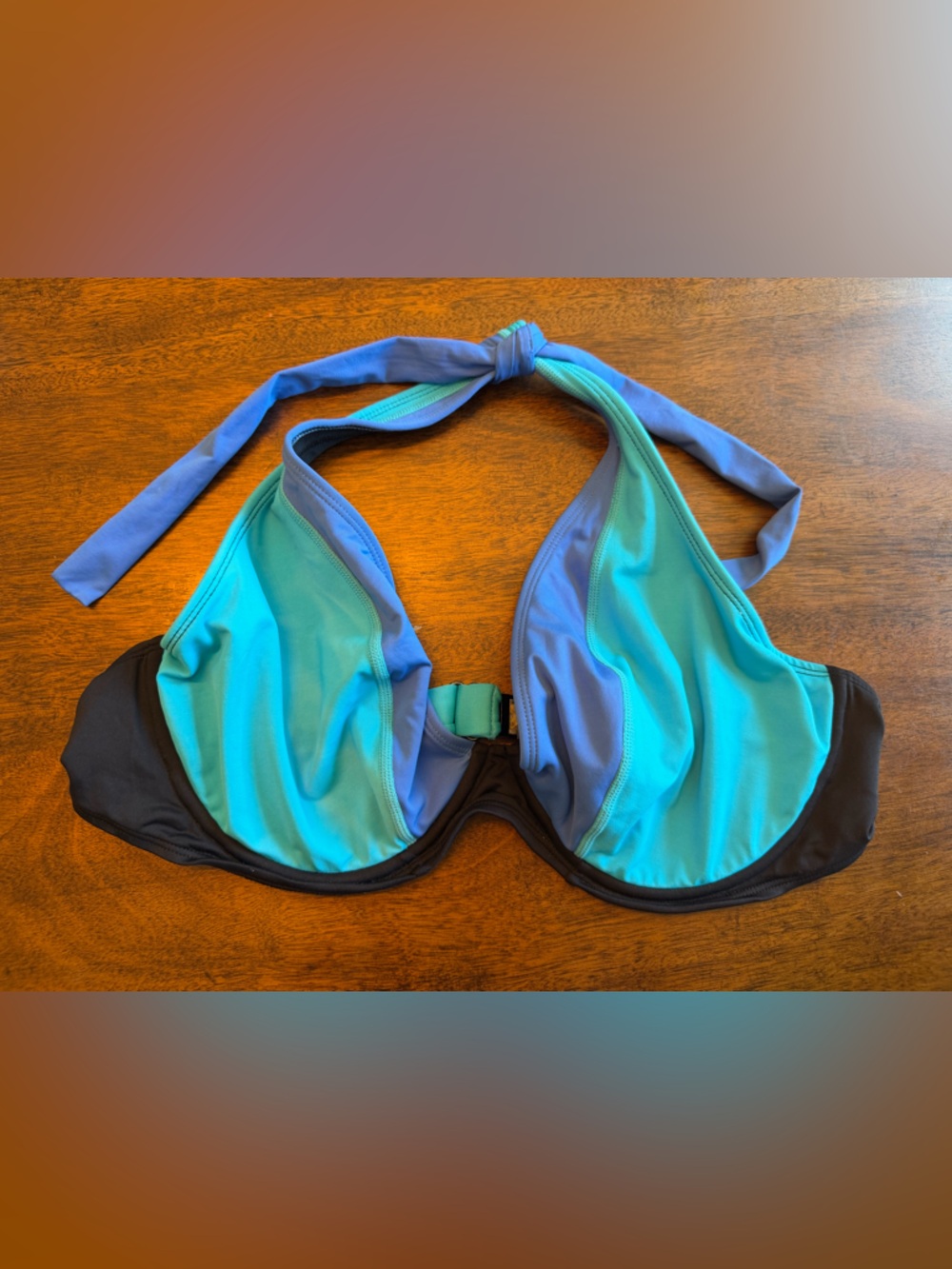 Swim Systems 40DD Underwire Halter Bikini Top Blue Teal Colorblock